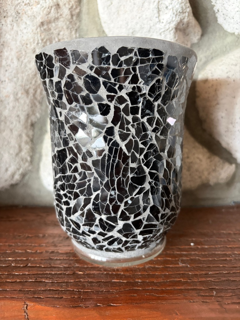 Large Black Mosaic Glass Candle Votive Holder or Vase